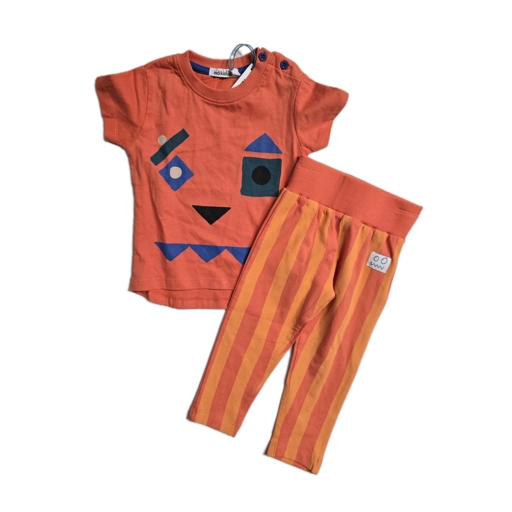Indikidual Kids Baby Pants Tshirt Set 6-12 Months  Orange Game Face NWT Organic
